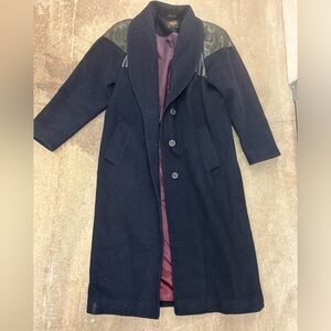 Vintage Luba paris navy virgin wool maxi pearl coat with leather accents